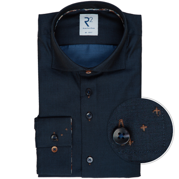 Luxury Navy Cotton Twill Dress Shirt With Floral Trim