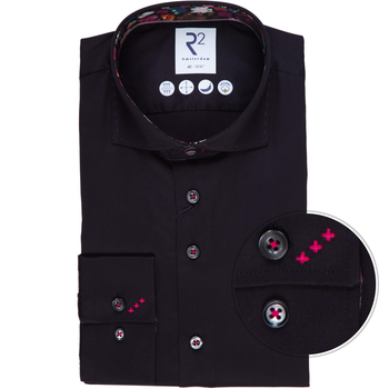 Luxury Black Cotton Twill Dress Shirt With Floral Trim